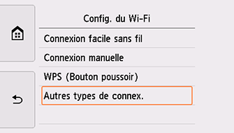 Écran Config. du Wi-Fi : sélectionnez Autres types de connex.
